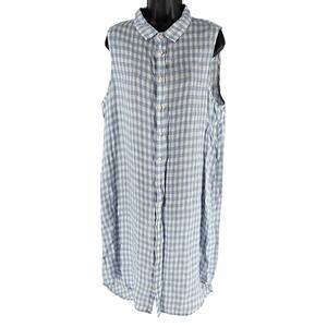 CP Shades 100% Linen Blue Gingham Midi Shirt Dress Womens Medium Coastal Beach